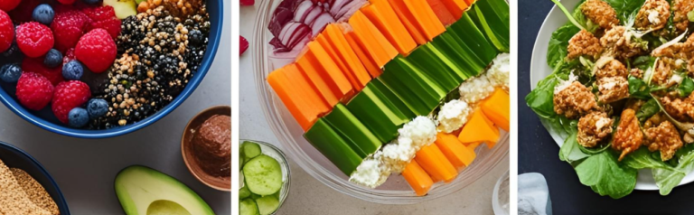 Healthy snack bowl with nuts, fruits, and veggies.