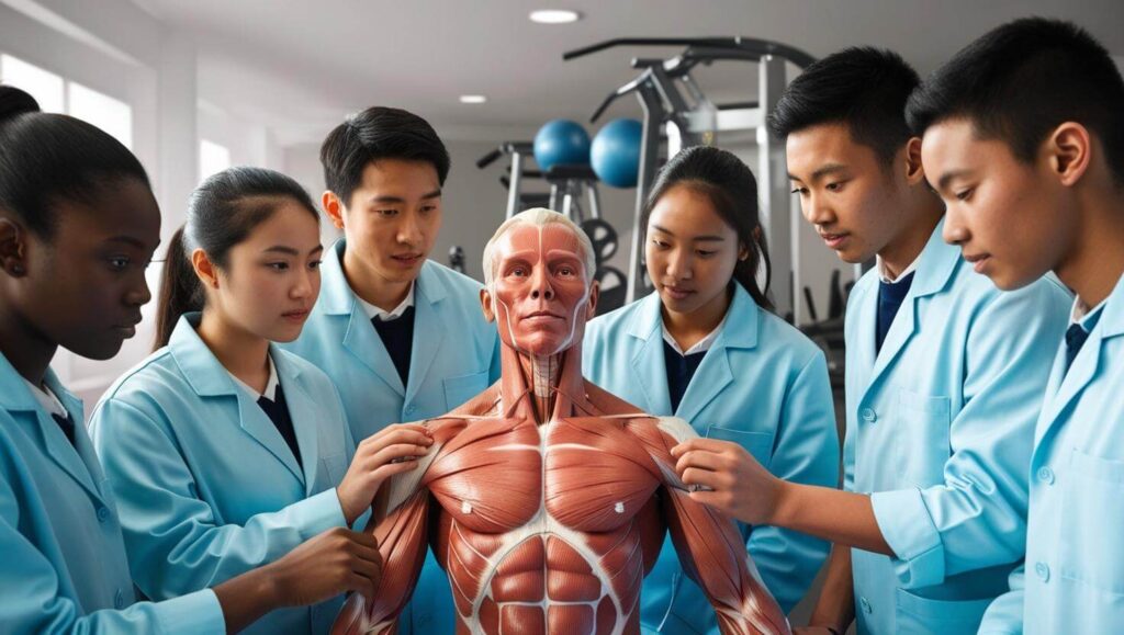 “A diverse group of students in lab coats analyzing a 3D human muscle model, gym equipment in background, professional tone, light blue and white color scheme.” Student reviewing exercise science coursework on a laptop