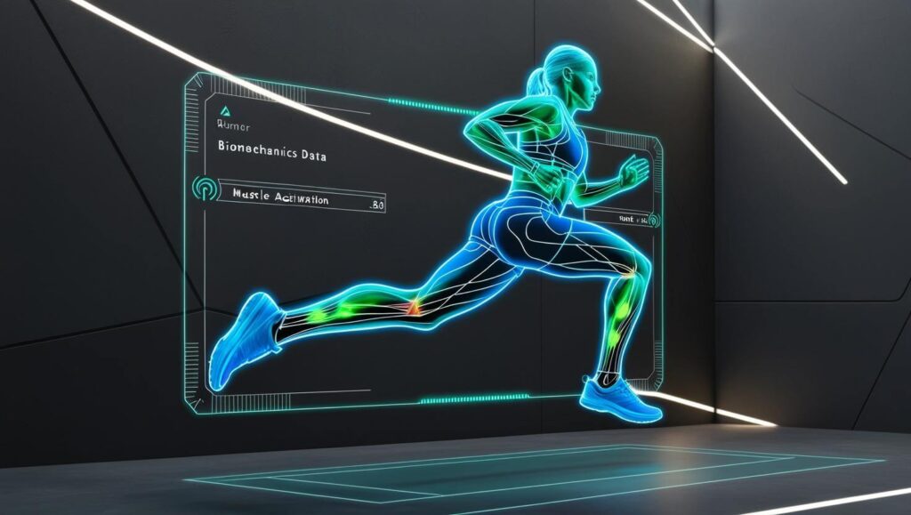A futuristic interface showing biomechanics data, a runner mid-stride with muscle activation highlights, neon accents on dark background.”