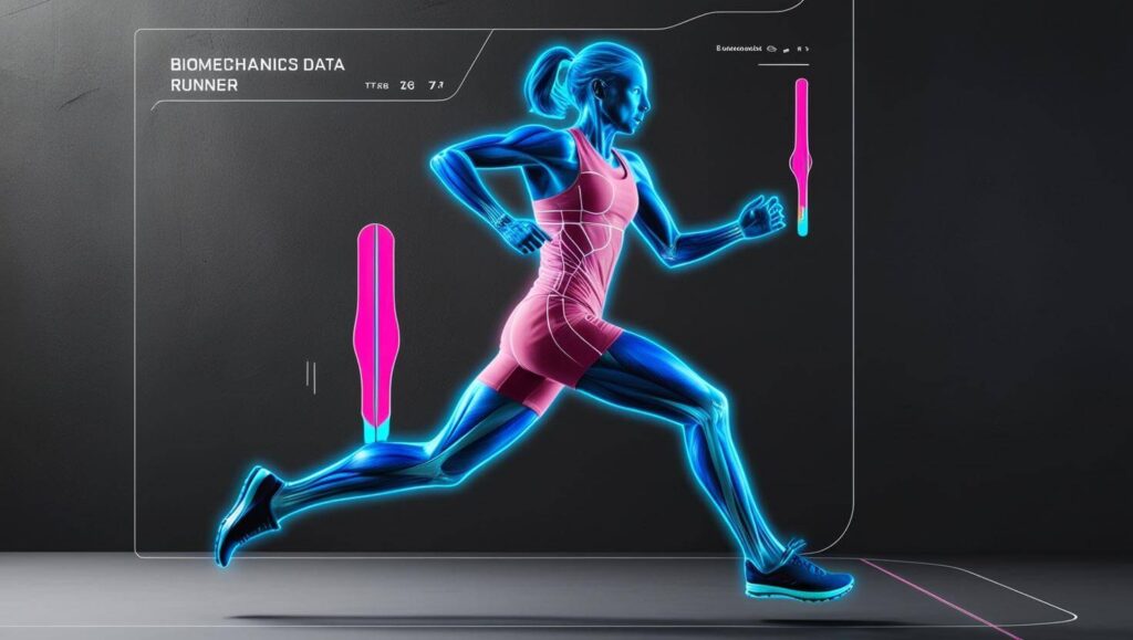 A futuristic interface showing biomechanics data, a runner mid-stride with muscle activation highlights, neon accents on dark background.” (1) Sport and Exercise Science Courses: Your Path to a Dynamic Career