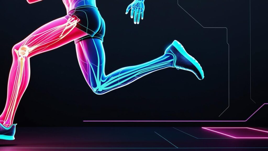 A futuristic interface showing biomechanics data, a runner mid-stride with muscle activation highlights, neon accents on dark background.” (2) The Best Online Exercise Science Courses: Flexibility Meets Expertise