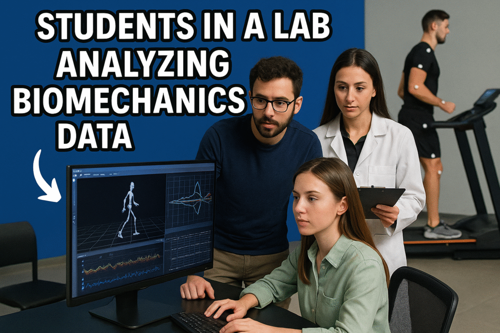 Students in a lab analyzing biomechanics data.